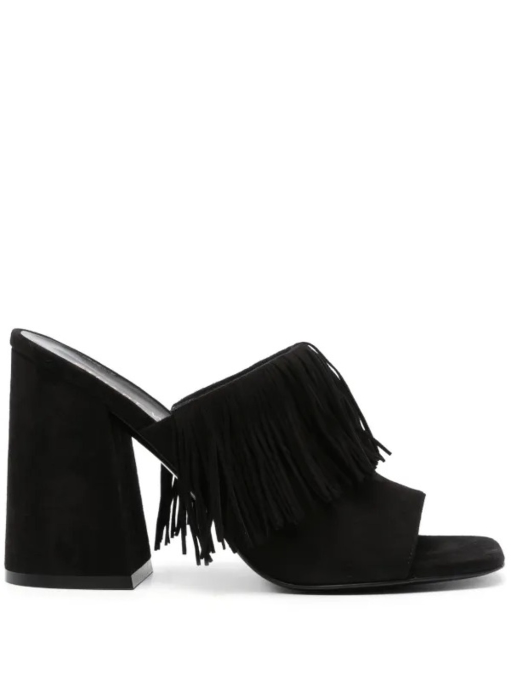 Stuart Weitzman Black Suede Fringe Block Heel Mule
